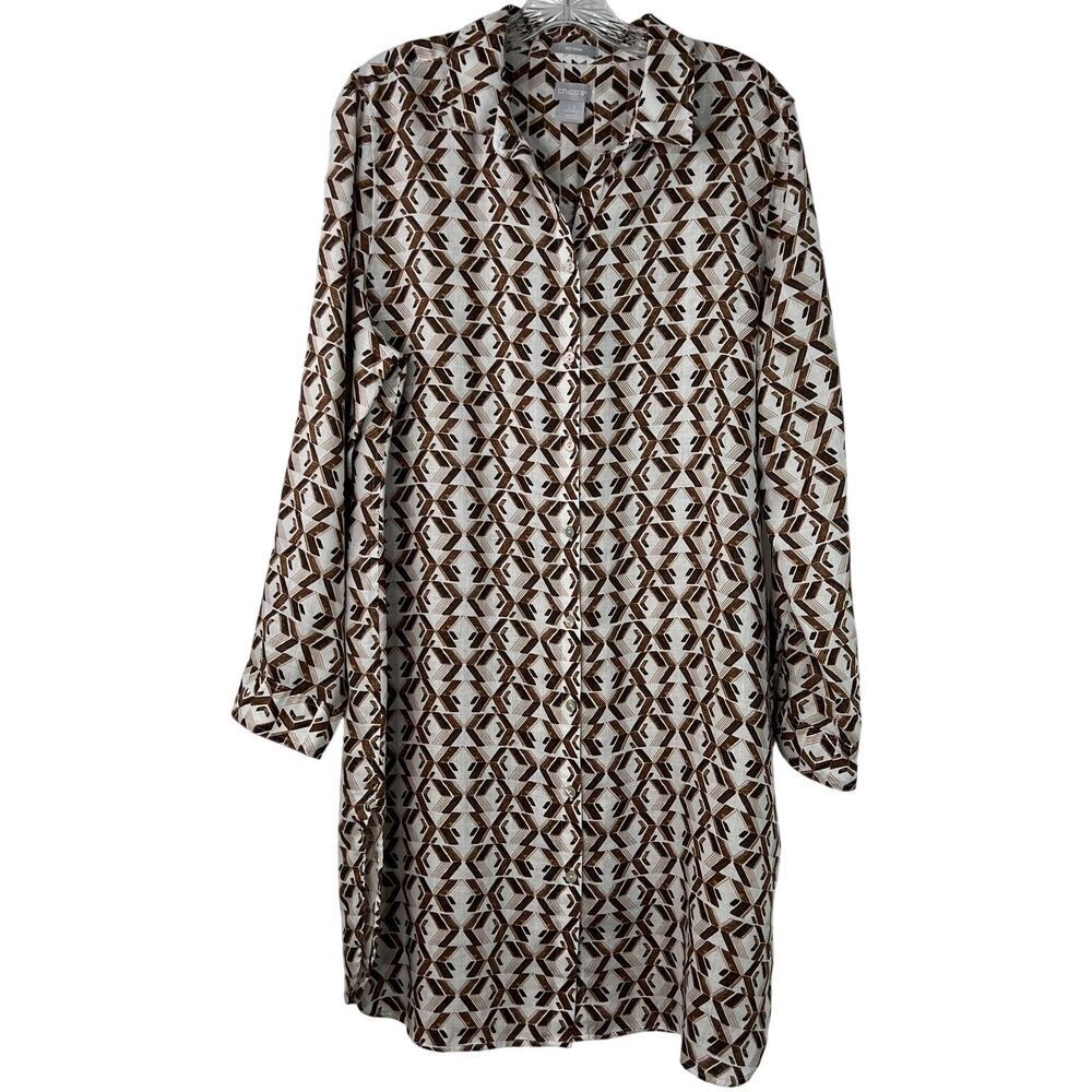 Chico's Women's Shirt Dress 100% Linen No Iron Brown Pattern Print Size 2.5 (14)